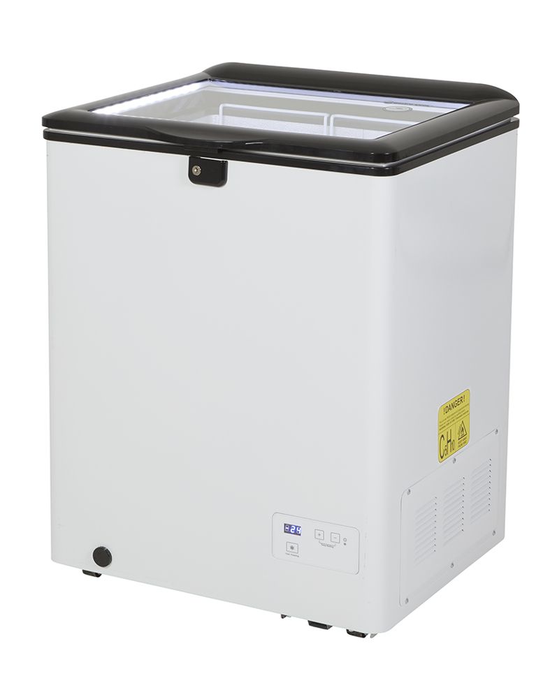 Gastro-Cool Kühltruhe mit Glasdeckel für Eis oder Getränke (-24 bis +10°C) - weiß/blau - GCFC100 seitlich